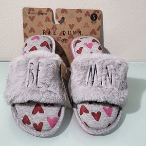 NWT Rae Dunn slippers gray, red and pink plush comfy FUR size S 5-6 BE MINE